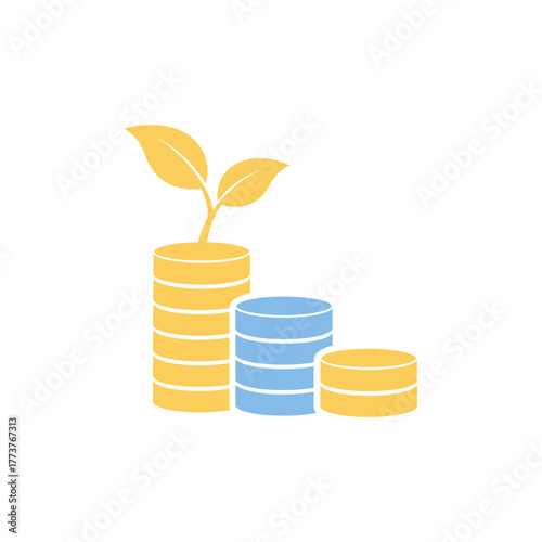 Plant grows from stack of gold coins, symbolizing financial growth and investment success in a clean, minimalist style, conveying prosperity and hope.