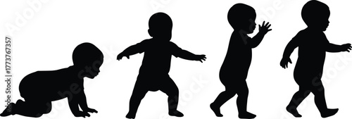 Baby silhouette, crawling, standing, walking, toddler development, child growth stages, early motor skills, black vector, isolated, white background, clipart, milestone, progression, infant movement