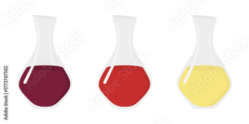 Wine Decanters with Red Rose and White Wine. Wine Day Greetings Minimalistic Flat Design idea Set