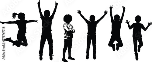 Children silhouette, jumping kids, expressive poses, playful energy, childhood joy, dynamic movement, blue outline, happy group, fun activity, youth celebration