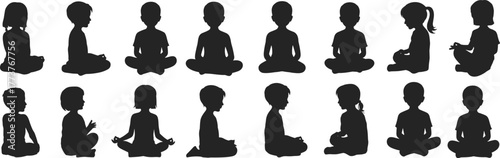 Children silhouette, meditation pose, mindfulness kids, seated posture, peaceful child, yoga practice, calm moment, relaxed youth, wellness concept, serene illustration