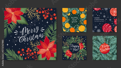 Square Beautiful Christmas Greeting Cards And Happy New Year. Colorful backgrounds of various coniferous branches, berries, poinsettia flowers, tangerines, oranges
