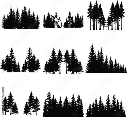 Conifer tree silhouettes, pine forest, black vector, blue outline, nature clipart, evergreen trees, landscape design, editable, bundle, graphic, illustration, outdoor, scenery, grouped trees, stylized