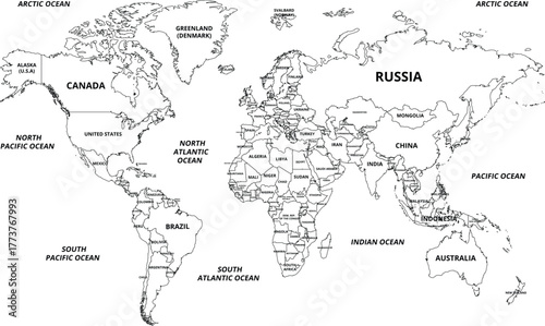 Political World Map vector illustration isolated on white background. Editable and clearly labeled layers.