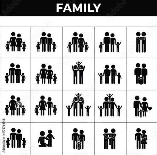 Family icons, diverse family silhouettes, parents and children, inclusive family design, modern family vector, love, care, unity, parenting, relationships