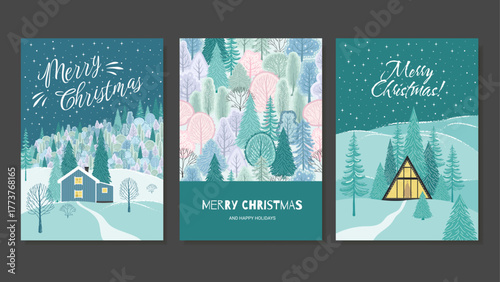 Christmas posters with a winter forest and Scandinavian houses. Merry Christmas and Happy New Year greeting cards. Abstract trees, coniferous forest with hills. Vector