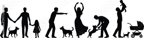 Family silhouette, parents and children, dog interaction, outdoor bonding, stroller scene, playful moments, graceful pose, lifestyle illustration, emotional connection, vector art