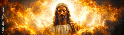 Jesus Christ portrait with radiant glowing light and dramatic golden clouds spiritual religious concept peaceful reverence divine holiness