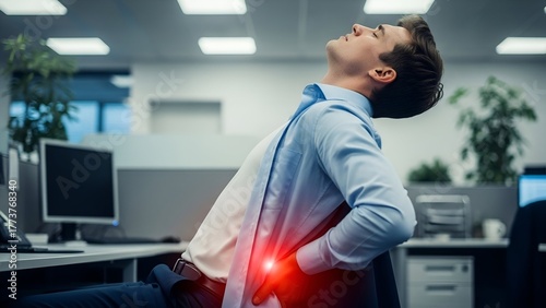 A man in an office, leaning back in pain, clutching his lower back with a red glow