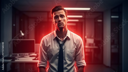 Portrait of a man in an office, tie askew, under red lighting, with a weary expression