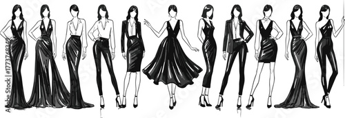 Fashion silhouette set, stylish women, black vector, gown, dress, jumpsuit, skirt, pose, model, editable, clipart, design, graphic, runway, elegance, outfit, collection, illustration, layout, beauty