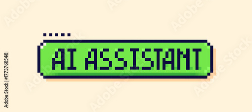 Green speech bubble with text AI assistant. Pixel Y2K user interface button. 