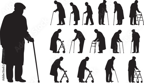 Elderly silhouette, walking aid poses, cane, walker, rollator, mobility support, aging movement, black vector icon set, medical, caregiving, stock illustration