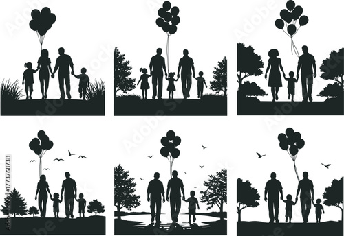 Family walking outdoors, silhouette style, children with balloons, nature background, birds flying, unity, parenting, childhood joy, peaceful scene, black and white art