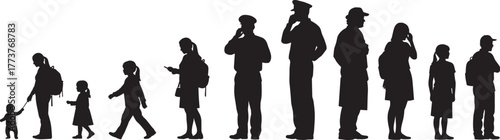 Human life cycle silhouette, aging stages illustration, family growth concept, generational timeline, child to elderly, healthcare, education, sociology, aging awareness, vector art