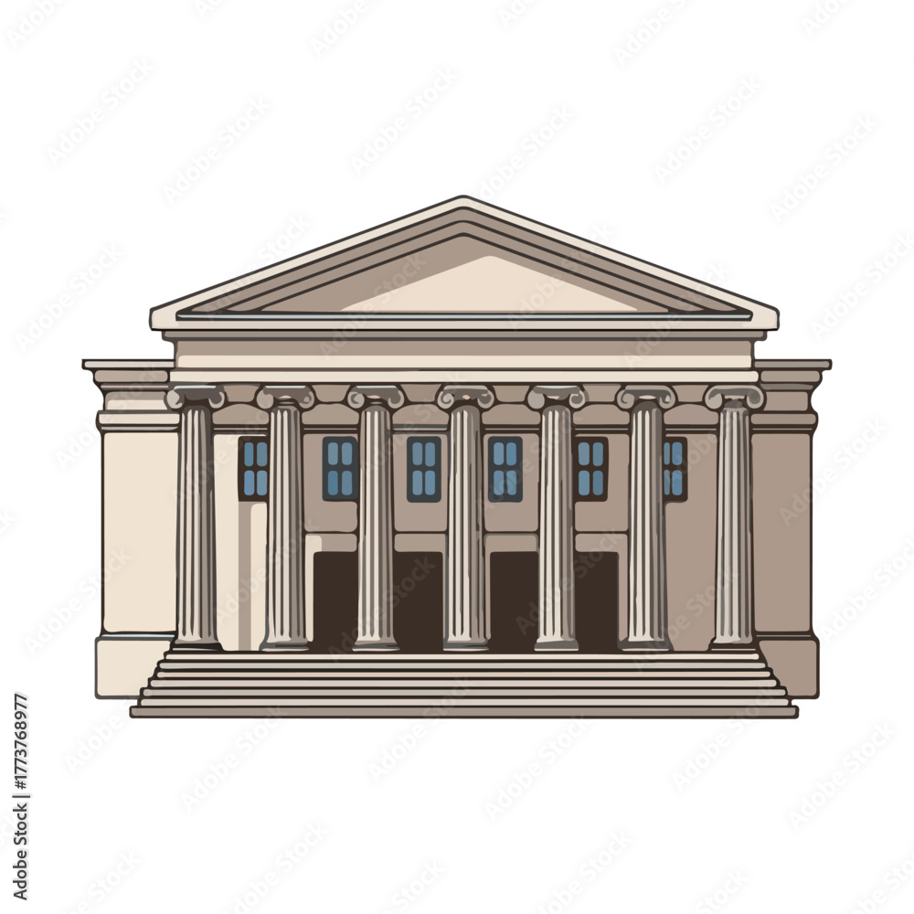 Fototapeta premium Illustration of a classical building facade with columns, a triangular pediment, and windows, presented on a white background.