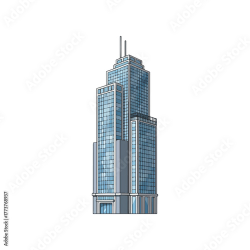 Illustration of a tall, modern skyscraper with blue glass windows and a stepped design against a white background.