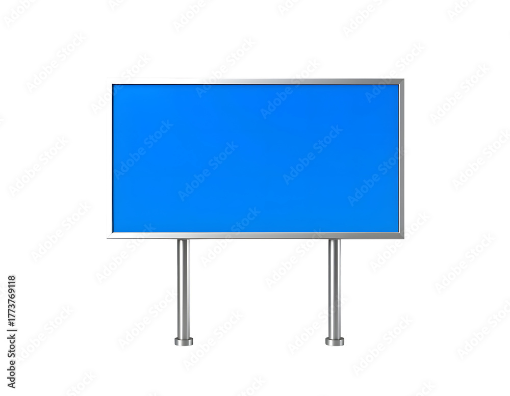 Fototapeta premium A blank blue rectangular billboard with a silver frame and two metal legs isolated on transparent background