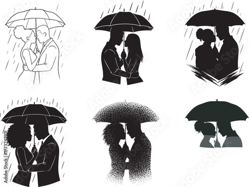 Romantic couples under umbrellas in rainy weather, silhouette and line art style, emotional love scenes, black and white illustration for stock use