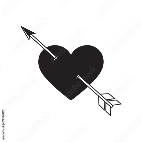 A classic romantic symbol of a solid black heart shot through with Cupid's arrow.