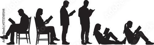 Silhouette illustration of people reading books in various poses, sitting, standing, reclining, casual and relaxed postures, perfect for education, lifestyle, design