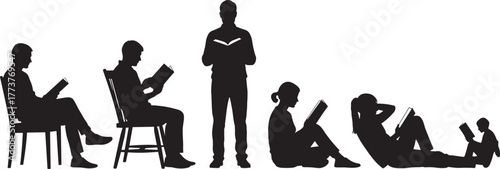 Silhouette of diverse people reading books in relaxed poses, sitting, standing, lying down, child included, perfect for education, lifestyle, design, icon