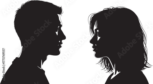 Silhouette profiles, two people facing, black vector art, emotional connection, human interaction, gender contrast, communication concept, artistic pose, white background, expression