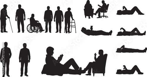 Silhouettes of people in various postures, mobility aids, cane, walker, wheelchair, reading, sitting, standing, lying down, inclusive design, healthcare, accessibility