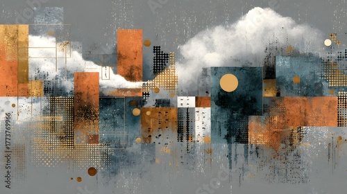 Panel kuchenny z motywem A surreal abstract cityscape composed of geometric shapes patterns and muted tones creating a contemporary and visually striking urban landscape