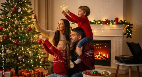 Caucasian family decorating christmas tree in cozy living room during holiday season