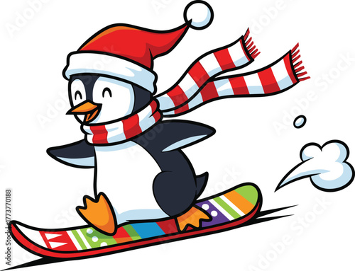 Cute penguin snowboarding in winter wearing Santa hat and red scarf, festive Christmas fun, holiday cartoon illustration, joyful snowy adventure