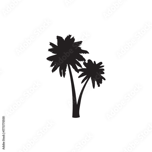 Silhouette of two palm trees against a white background, one slightly taller than the other, simple design.