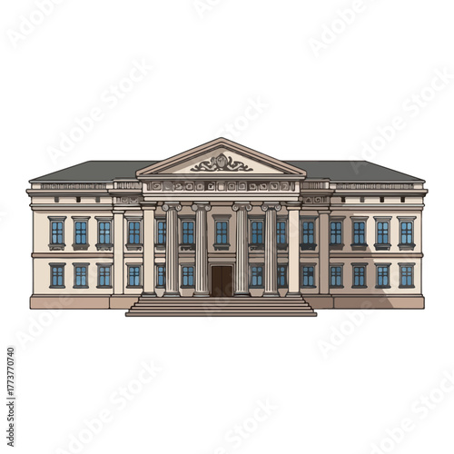 Illustration of a grand classical building with columns, windows, and a triangular pediment, viewed from a frontal perspective.