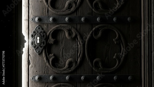 Close-up of ornate wooden door with antique metalwork, handle, and keyhole
