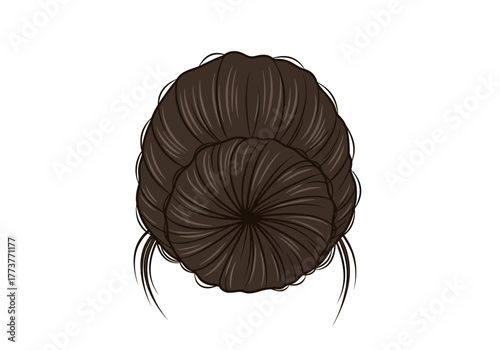 A stylized cartoon topdown view of a brown hair bun showing the coiled hair arrangement