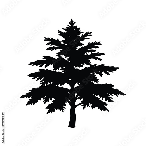 Silhouette of a Majestic Pine Tree Isolated on a Crisp White Background, cedar branch silhouette vector illustration