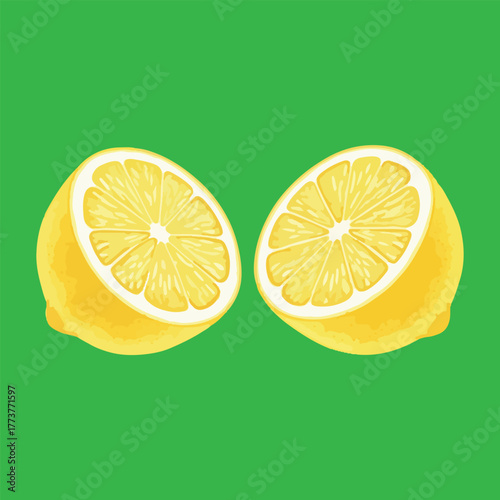 Two halves of a bright yellow lemon are displayed against a solid green background, showcasing their juicy interior.