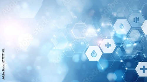 A futuristic, blue-toned digital background featuring hexagonal patterns, symbols of health, and technology, suggesting themes of innovation and science.