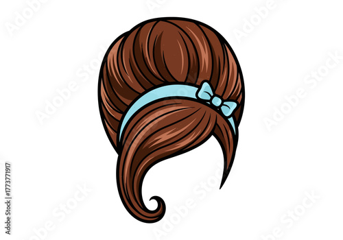 Brown hair in a bun with a blue bow and a curly strand in front