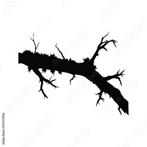Silhouette of a Large Branch with Moss and Smaller Branches Extending Outward, dead branch with moss silhouette vector illustration