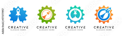 Set of rocket gear logo design templates. Modern isolated rocket gear design for manufacturing, engineering, and innovation.	
