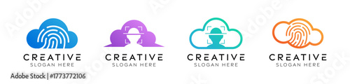 Set of human identity cloud logo design templates. Modern isolated cloud with fingerprint and face ID design for remote storage, identity verification, and biometric security.