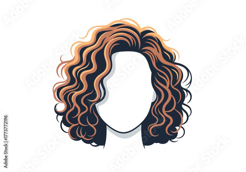 Curly hair wig with highlights and empty face outline isolated on white