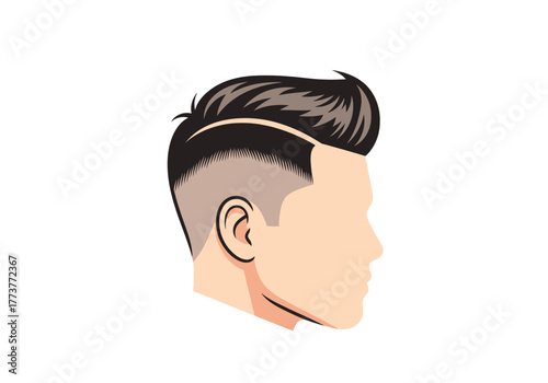 Head of a man side view with dark stylized hair and fade haircut on a white background