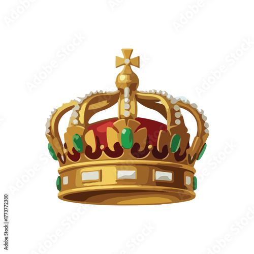 Golden crown with red velvet interior and green jewels, topped with a cross, symbolizing royalty and power.