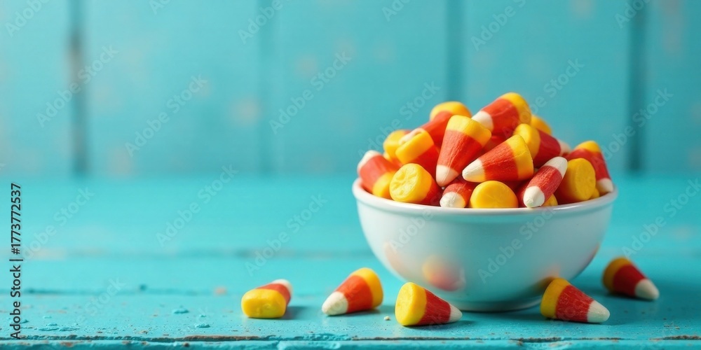 Naklejka premium A bowl of sweet candy corn treats rests on a teal wooden surface, surrounded by additional candies.