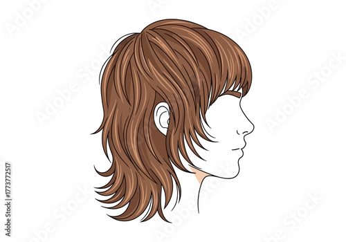 Line drawing of a persons head and shoulders side profile with layered brown hairstyle