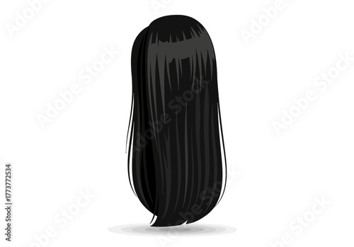 Long straight black hair with bangs viewed from the back with a faint shadow on a white background