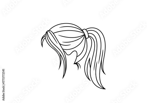 Line drawing of hair styled into a ponytail with bangs