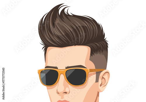 Man with styled hair  sunglasses Fair skin modern cut Brown hair is styled high Frame color is orange